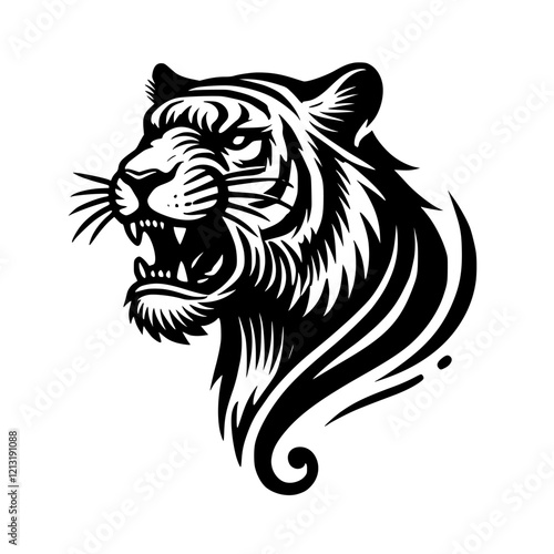 Wallpaper Mural Majestic Tiger Head: A Black and White Vector Illustration of a Roaring Tiger Torontodigital.ca