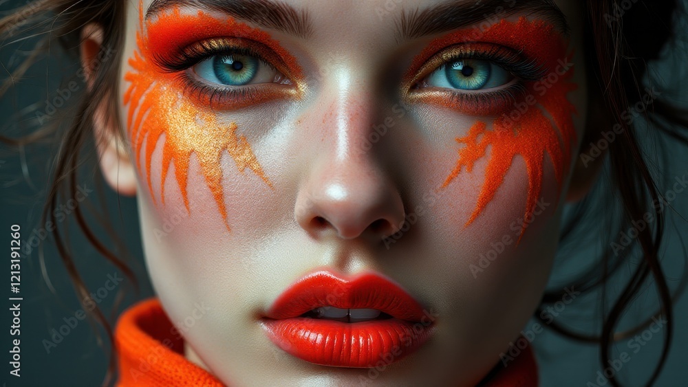 Experimental fiery makeup with orange flames, glowing design, and bold artistic expression. Experimental fiery makeup with orange flames, glowing design, and bold artistic expression.