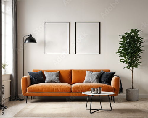 Mockup poster frame on the wall of living room. A stylish reading nook in beige colors	