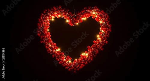 Glowing red heart wreath, berries, lights, dark decoration. Valentine's Day or Christmas.