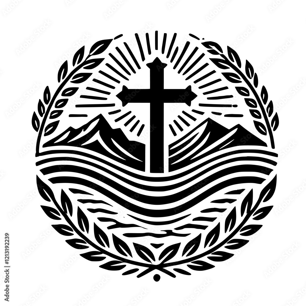 Cross, Mountains, and Water: A Symbol of Faith, Hope, and Peace.  A serene religious graphic design, perfect for prints, apparel, and more.