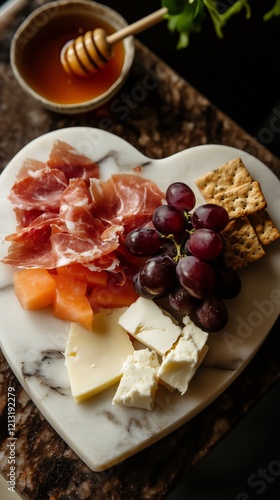 charming composition featuring a heart-shaped marble platter with an assortment of rustic snacks, perfect for an intimate gathering