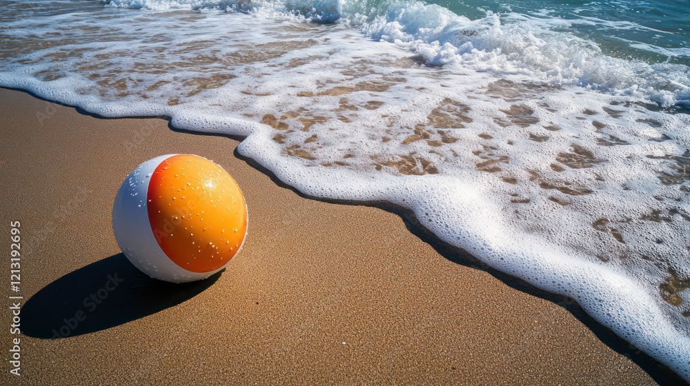 Beach ball on sandy shore near ocean wave. Beach ball on sandy shore near ocean wave.