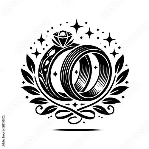 Intertwined Wedding Rings: A Symbol of Everlasting Love. Elegant black and white design with diamond and laurel wreath. Perfect for wedding invitations, announcements, and romantic projects.