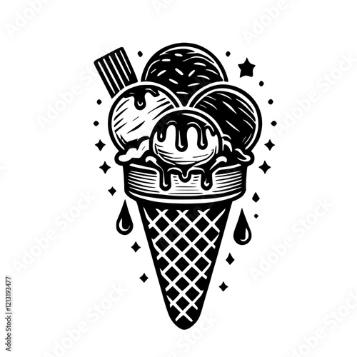 Scrumptious Ice Cream Cone: A Vintage Delight. This black and white illustration showcases a delectable ice cream cone, perfect for summer and sweet cravings.