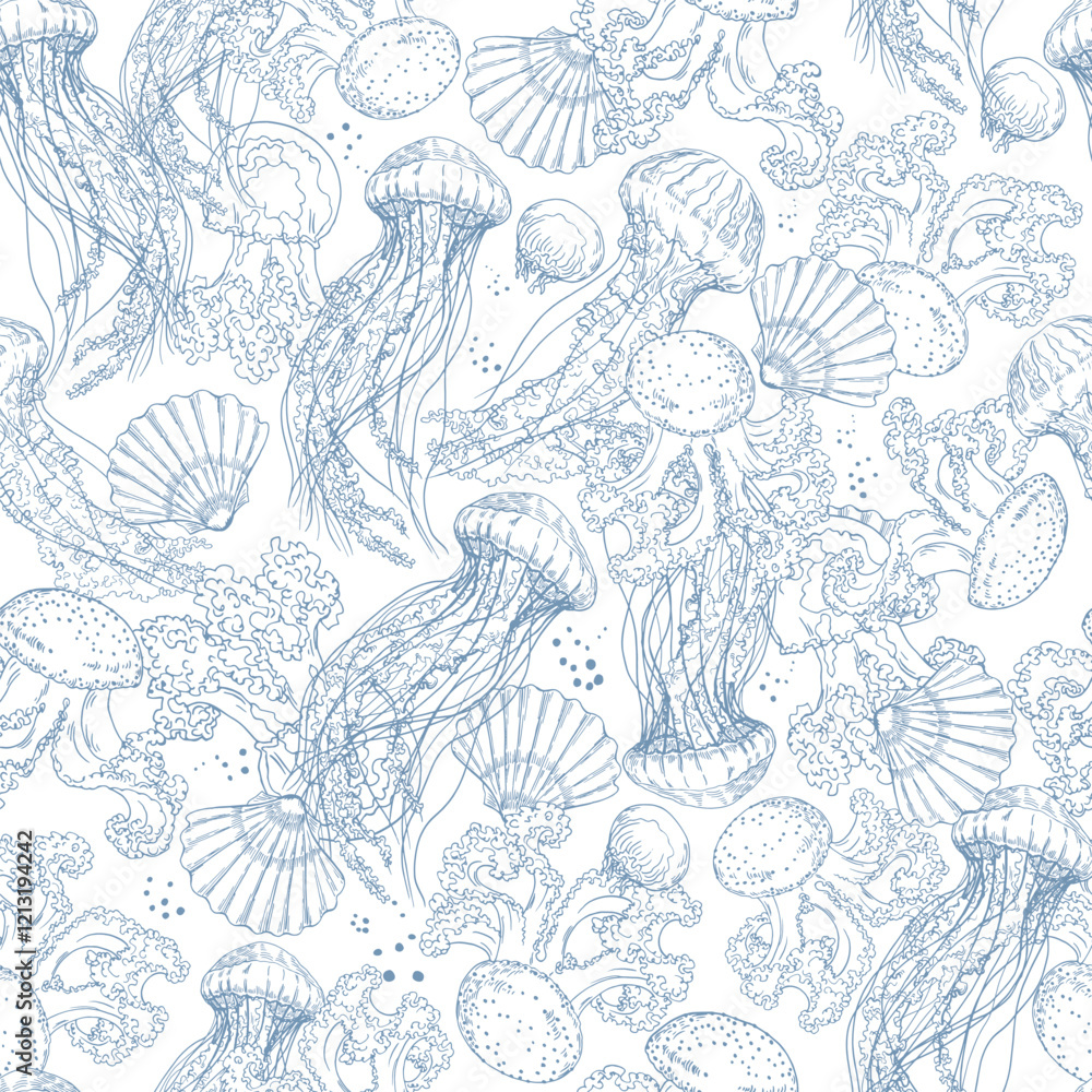Fototapeta premium Seamless pattern with jellyfish and shells. Hand drawn vector illustration on white background.