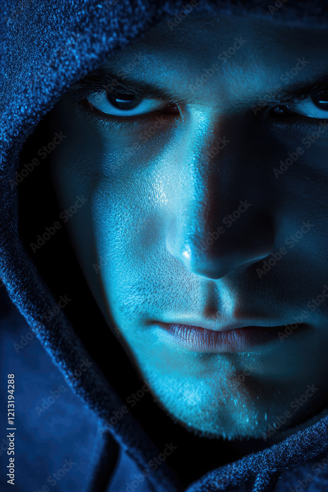 Computer hacker in hoodie. Obscured face. Data thief, concept of internet fraud, dangerous darknet and cyber security. Computer hacker in hoodie. Obscured face. Data thief, concept of internet fraud, dangerous darknet and cyber security.