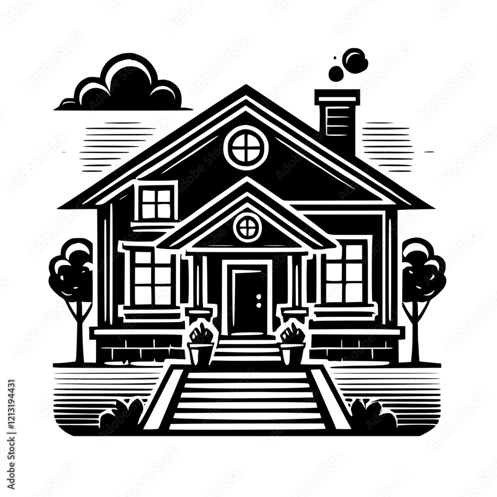 Fototapeta premium A Charming Suburban Home: Black and White House Illustration - Real Estate, Architecture, and Residential Design