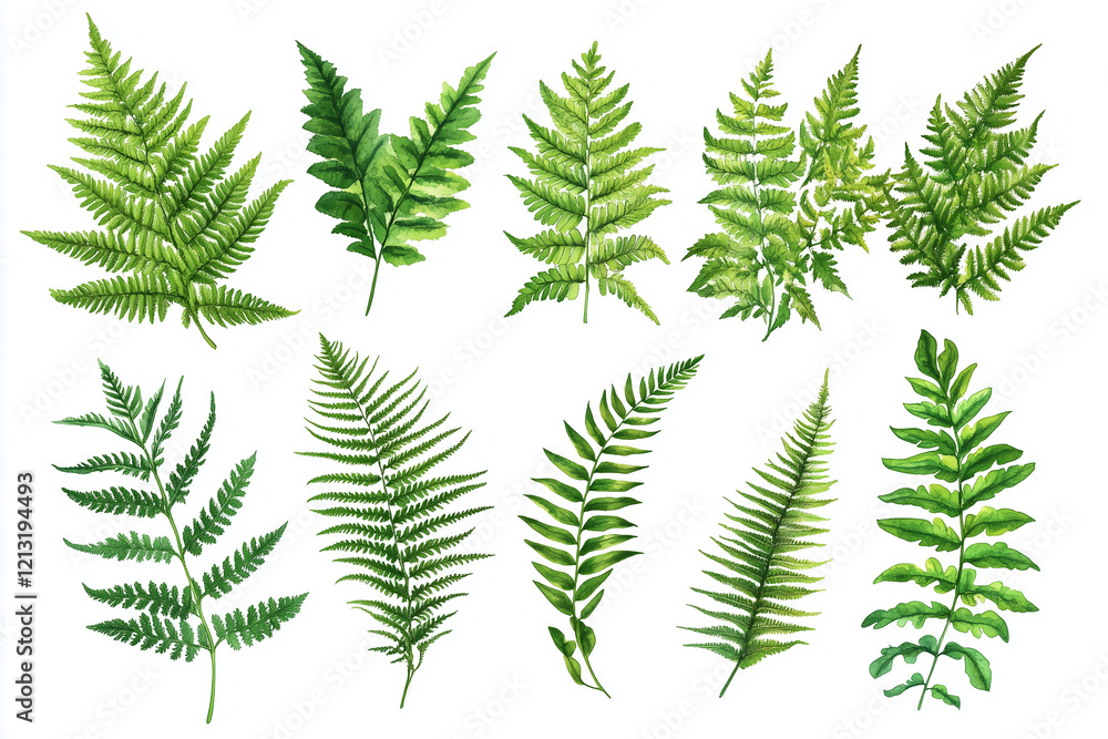 A collection of green ferns with subtle shadows on a pure white background A collection of green ferns with subtle shadows on a pure white background