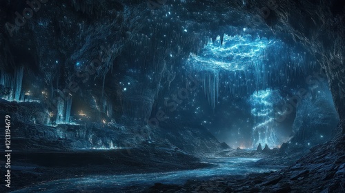 Breathtaking view of an enchanting glowing cavern with a starry celestial landscape winding river and dramatic lighting in a fantastical mysterious world ripe for and adventure