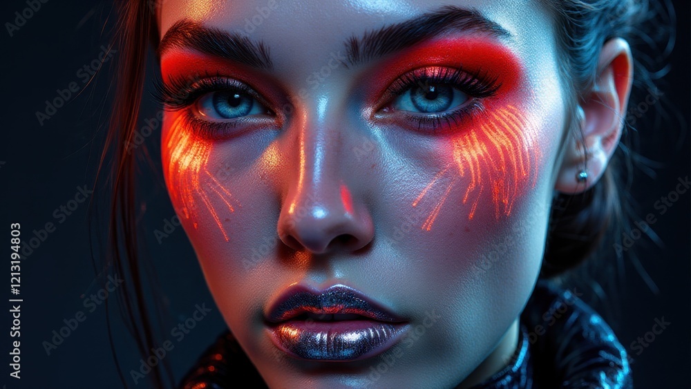 Obraz premium Neon-inspired experimental makeup with glowing orange accents and metallic details, creative and bold.