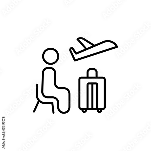Traveler sitting in the airport lounge icon black and white vector sign