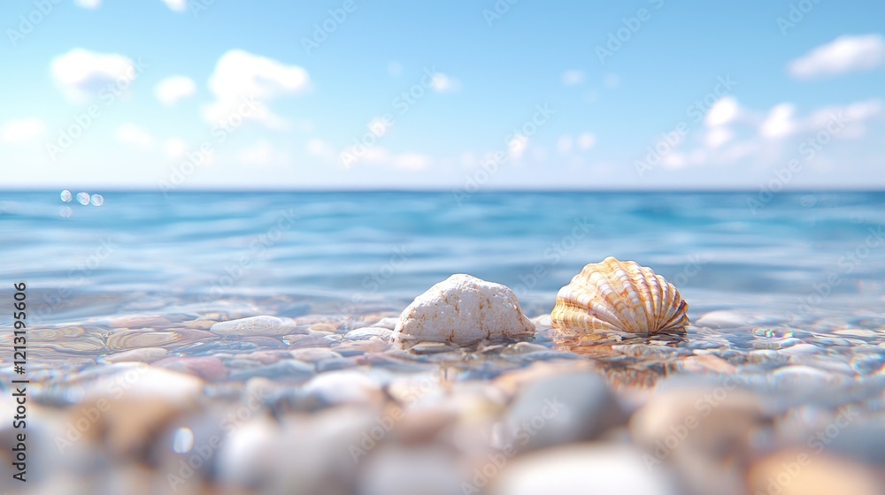 Seashells on sunny beach, calm ocean background, summer vacation