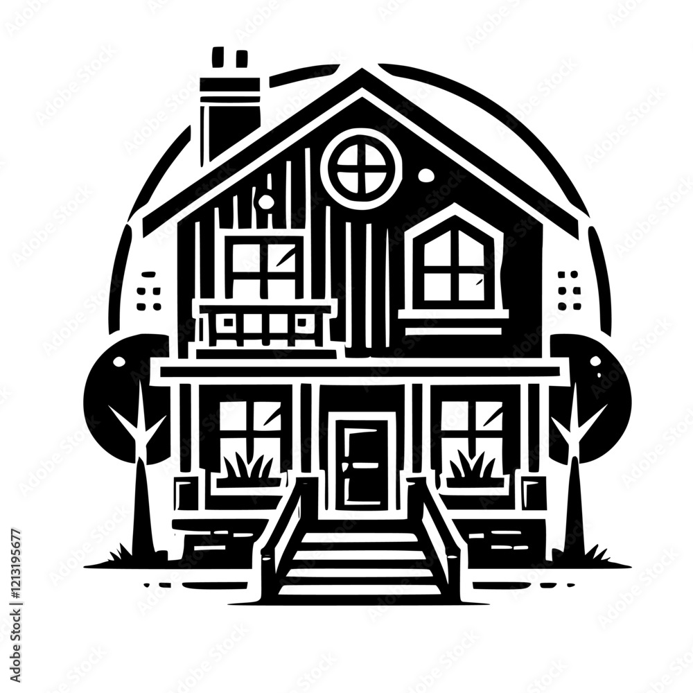 Fototapeta premium Monochrome House Illustration: Modern Home Design, Black and White Graphic, Minimalist Architecture