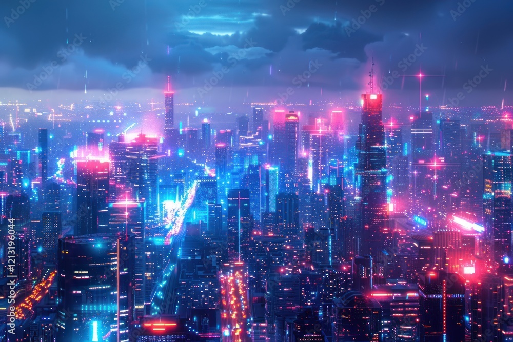 Neon Cityscape with Glowing Lights Neon Cityscape with Glowing Lights