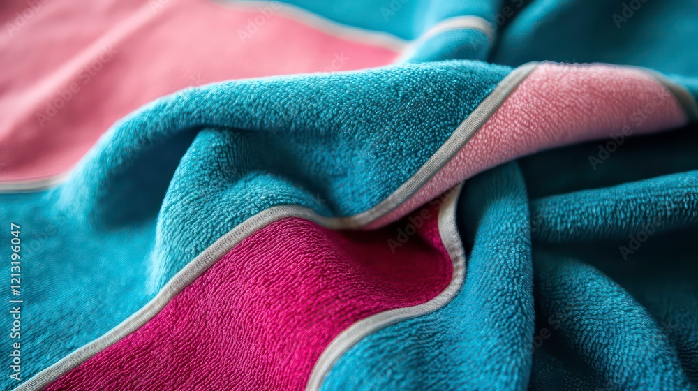 Fototapeta premium Close-up of a soft, textured, multicolored beach towel with pink, teal, and white stripes, artfully draped.