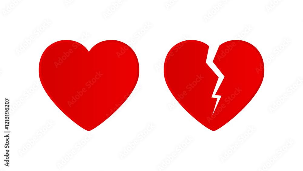 Red Heart. Happy Valentine's Day. Red hearts broken and whole. Symbol of love and parting. Vector illustration. Red Heart. Happy Valentine's Day. Red hearts broken and whole. Symbol of love and parting. Vector illustration.