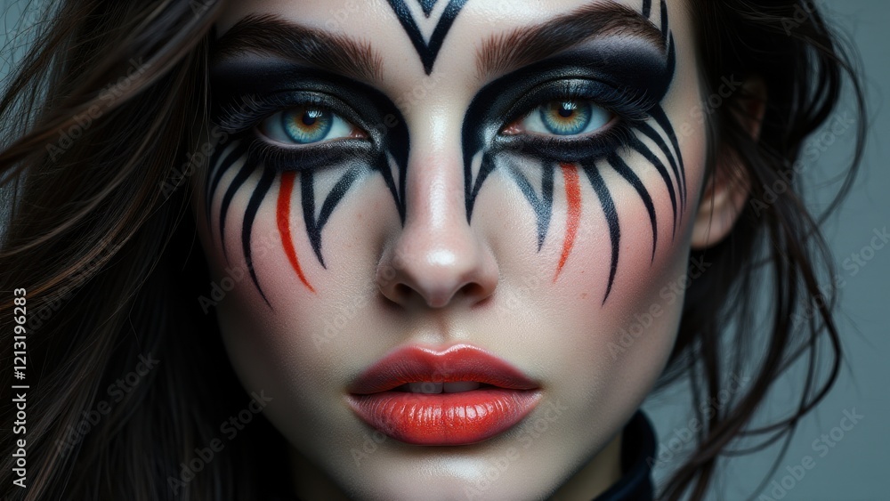 Fierce experimental makeup featuring red and black tiger stripe design with bold artistic accents. Fierce experimental makeup featuring red and black tiger stripe design with bold artistic accents.