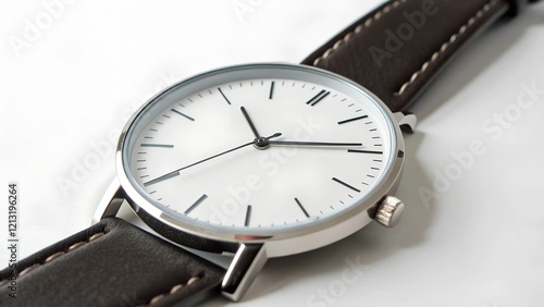 Classic Wristwatch with Black Leather Strap / Minimalist Watch with Black Band Close-up photo