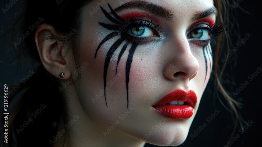 Fototapeta premium Fierce experimental makeup featuring red and black tiger stripe design with bold artistic accents.