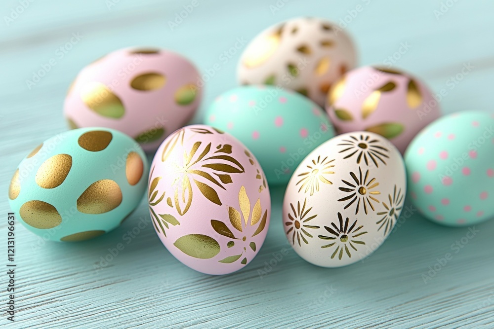 Row of decorated eggs with gold and pink designs Row of decorated eggs with gold and pink designs