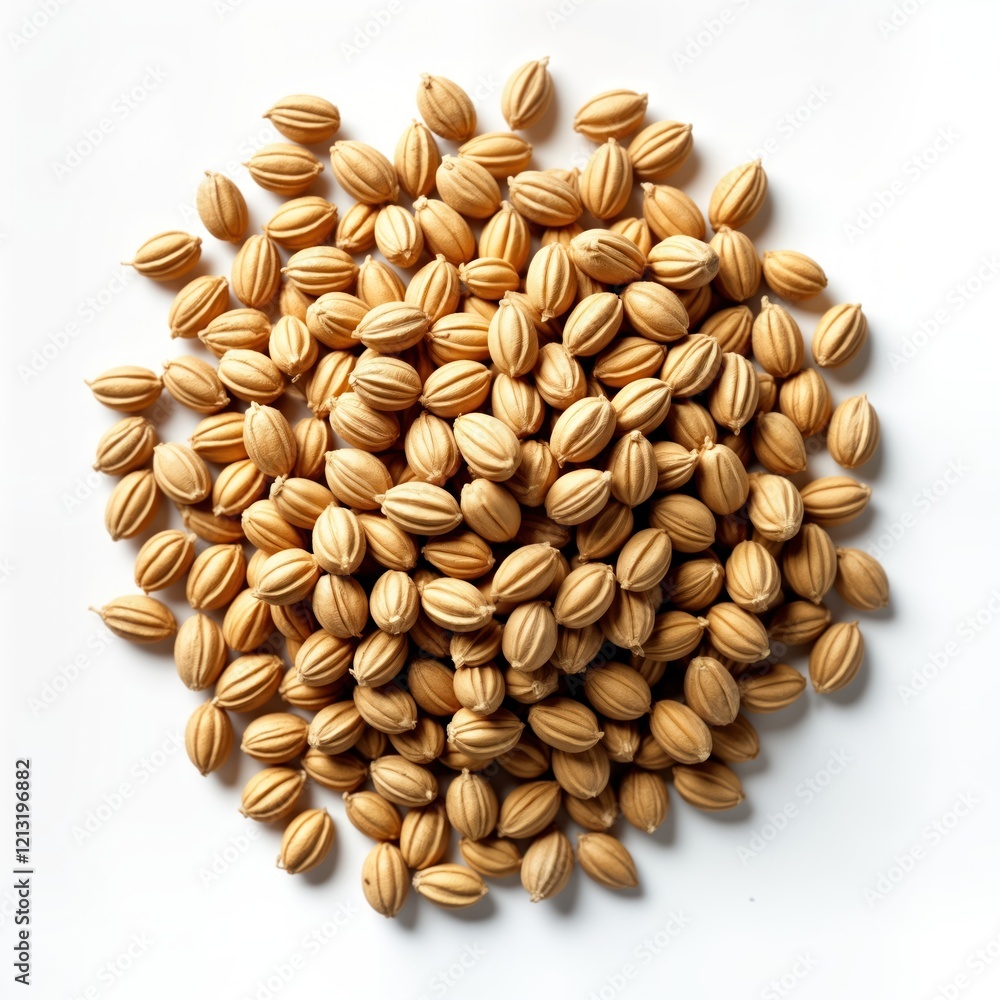 Closeup view of coriander seeds. Many small light brown seeds piled in heap. Natural food ingredient. Healthy food option. Organic condiment. Raw seeds ideal for cooking. Use as seasoning. Aromatic, Closeup view of coriander seeds. Many small light brown seeds piled in heap. Natural food ingredient. Healthy food option. Organic condiment. Raw seeds ideal for cooking. Use as seasoning. Aromatic,