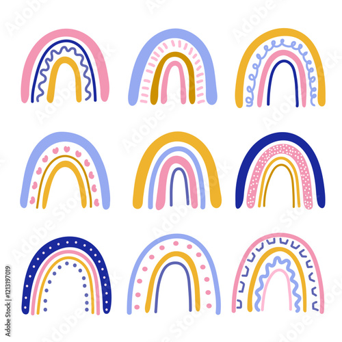  rainbow set  hand drawn cute Scandinavian boho. baby shower elements. vector illustrations