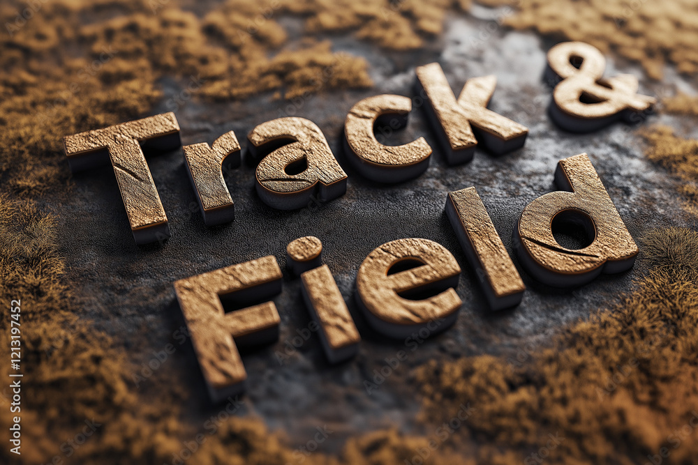 Sign featuring track and field text on a textured surface in a sports environment Sign featuring track and field text on a textured surface in a sports environment