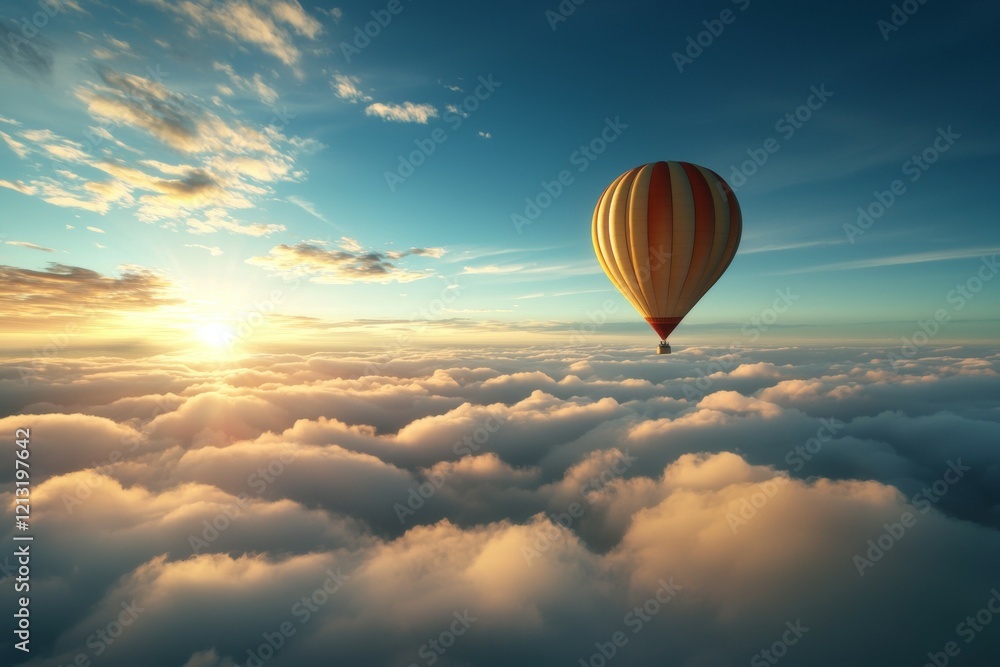 Hot air balloon is flying high in the sky above a cloudy day Hot air balloon is flying high in the sky above a cloudy day