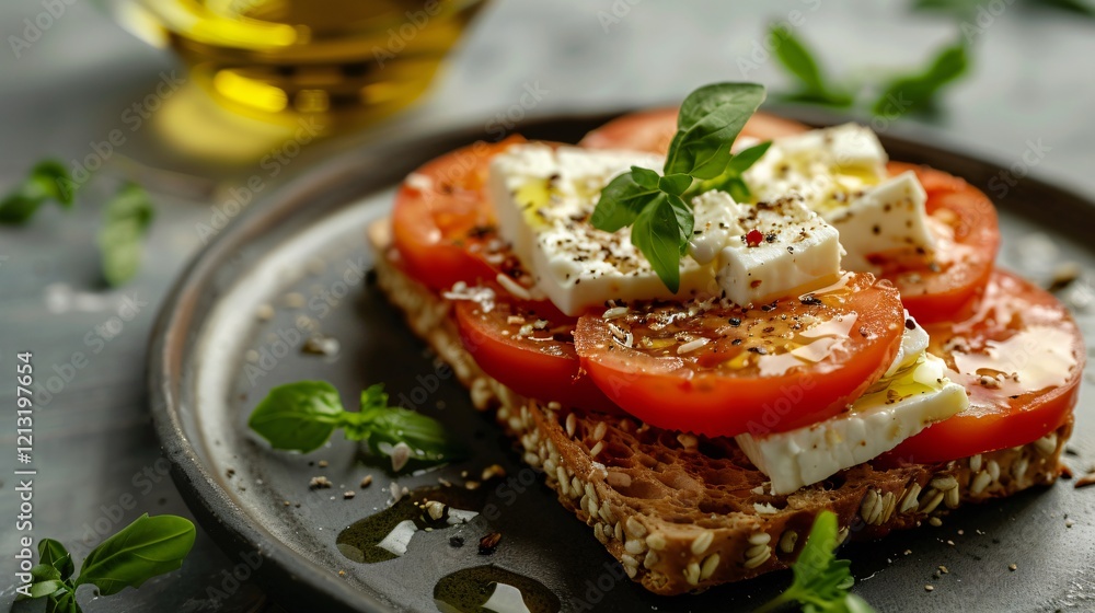 Closeup View of Cretan Dakos on Plate: Greek Salad Dish with Tomatoes, Barley Rusk, Olive Oil, Feta Cheese Closeup View of Cretan Dakos on Plate: Greek Salad Dish with Tomatoes, Barley Rusk, Olive Oil, Feta Cheese