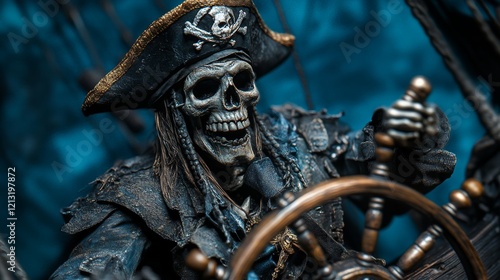 A detailed skull adorned with a pirate hat, holding a ship's wheel, set against an underwater scene, ideal for adventure, Halloween, or ghost story themes in marketing and design photo