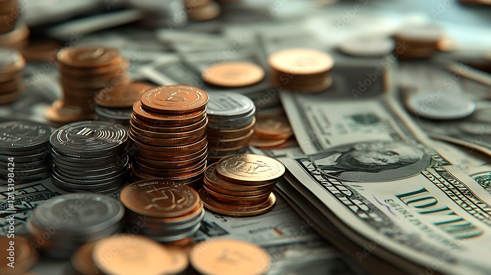 3D model showing growing savings with currency, coins, and banknotes representing financial prosperity 3D model showing growing savings with currency, coins, and banknotes representing financial prosperity