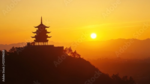 Serene Sunset Silhouette: Pagoda on Hilltop