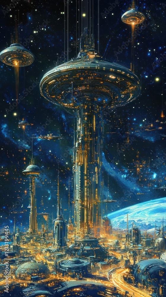Obraz premium Breathtaking of a futuristic alien metropolis with towering skyscrapers glowing structures and spacecraft hovering in the starry night sky