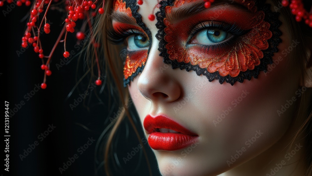 Fototapeta premium Golden glitter experimental makeup with black lace details, dramatic and artistic close-up portrait.