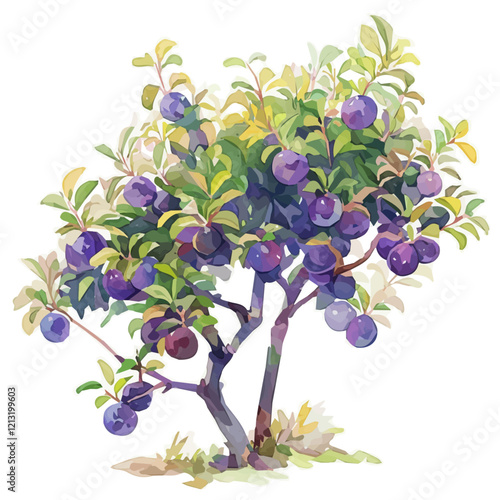 Governors Plum Tree with Fruit – Watercolor Illustration, Botanical Art, Tropical Fruit Painting, Garden-Inspired Artwork, Nature Wall Decor
