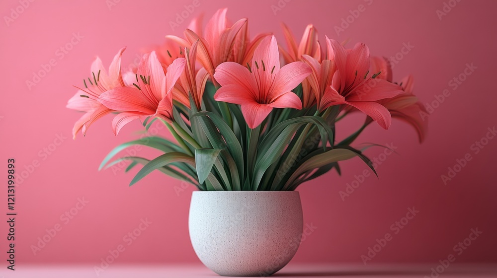 Obraz premium Pink lilies in a white vase on a vibrant background