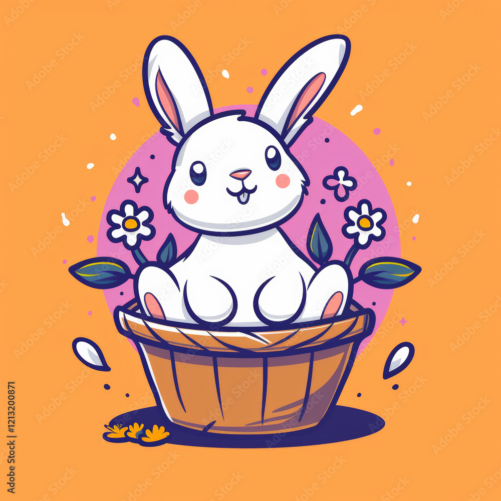 Cute rabbit sitting in basket surrounded by colorful flowers Cute rabbit sitting in basket surrounded by colorful flowers