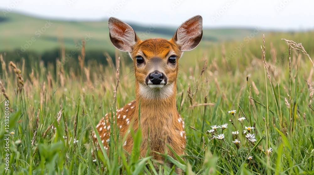 Fototapeta premium Fawn in grassy field, rolling hills background, wildlife nature scene, ideal for nature documentaries