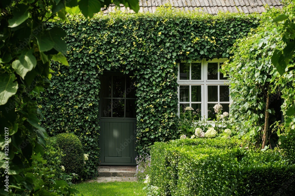 A charming garden entrance covered in lush greenery and surrounded by well-maintained hedges. A charming garden entrance covered in lush greenery and surrounded by well-maintained hedges.