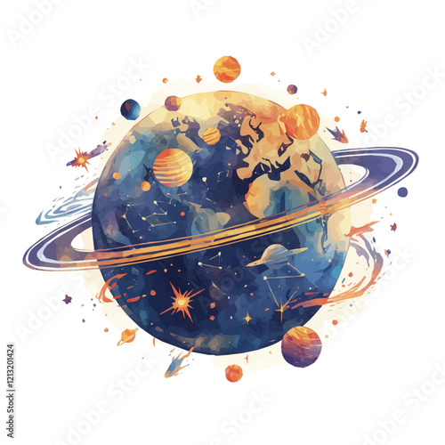 Gravitational Force Concept – Watercolor Illustration, Space Phenomenon Art, Physics-Inspired Artwork, Scientific Concept Design, Cosmic Energy Visualization
