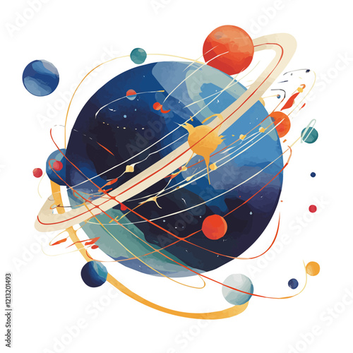 Gravitational Force Concept – Watercolor Illustration, Space Phenomenon Art, Physics-Inspired Artwork, Scientific Concept Design, Cosmic Energy Visualization
