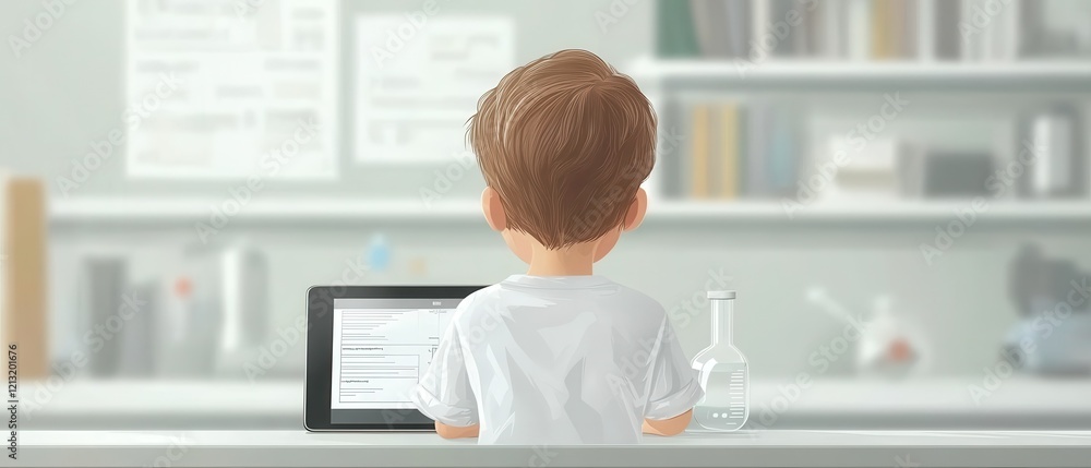 Child in Laboratory Setting Engages with Tablet and Laboratory Equipment for Educational Science Exploration Child in Laboratory Setting Engages with Tablet and Laboratory Equipment for Educational Science Exploration