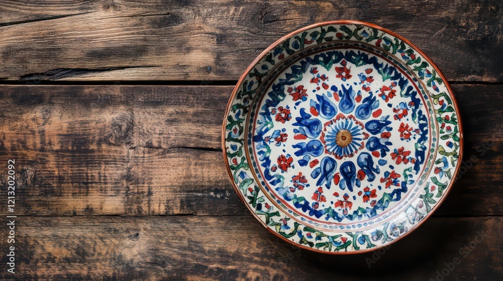 Ornate hand-painted ceramic plate on rustic wooden surface. Ornate hand-painted ceramic plate on rustic wooden surface.