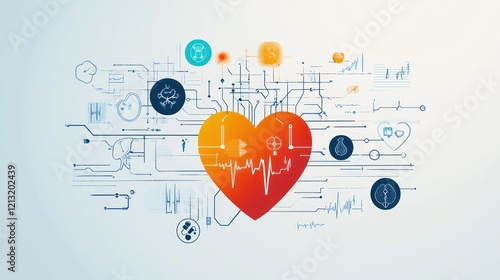 A creative infographic-style composition featuring a stylized heart shape, medical icons, and text placeholders on a clean background --ar 16:9 --v 6.1 Job ID: 905b6cb8-1e4e-4d3a-9d9c-db5a7ef10a00