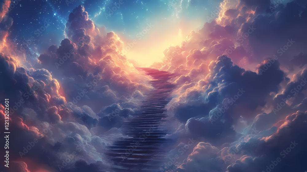 A celestial staircase ascends through ethereal clouds towards a radiant sky, symbolizing a journey to paradise. illustration images. Celestial Reef. Illustration A celestial staircase ascends through ethereal clouds towards a radiant sky, symbolizing a journey to paradise. illustration images. Celestial Reef. Illustration