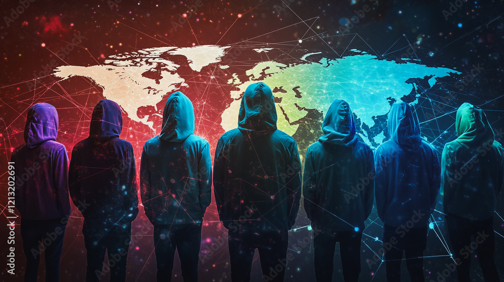 Obraz premium Hacker are planning to hack and attack networks and cyber security systems.team people innovation connection of line from nail node to node on map background , networking concept