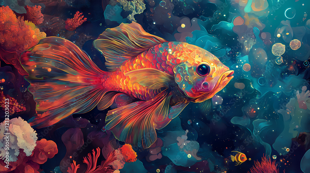 Naklejka premium Abstract fish in a universe of coral. Celestial Reef. Illustration