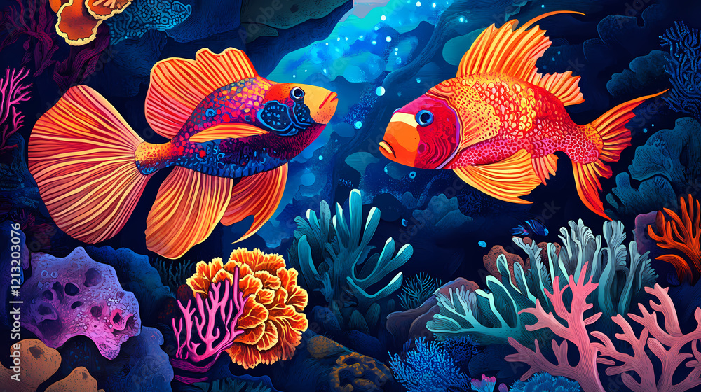 Fototapeta premium Abstract fish in a universe of coral. Celestial Reef. Illustration