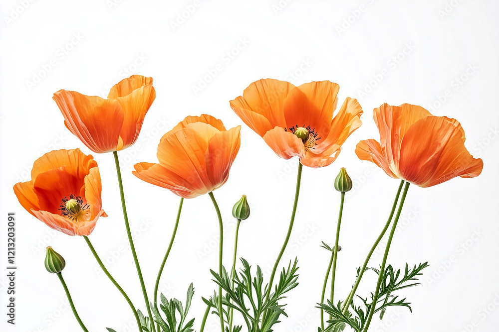 Fototapeta premium red orange wild poppies on a pure white background